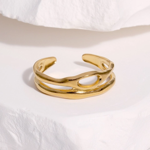Minimalistischer Edelstahl Doppelreihig Hohl Wellenmuster Offener Ring Damen Verstellbarer Geometrischer Vergoldeter Mode Fingerring