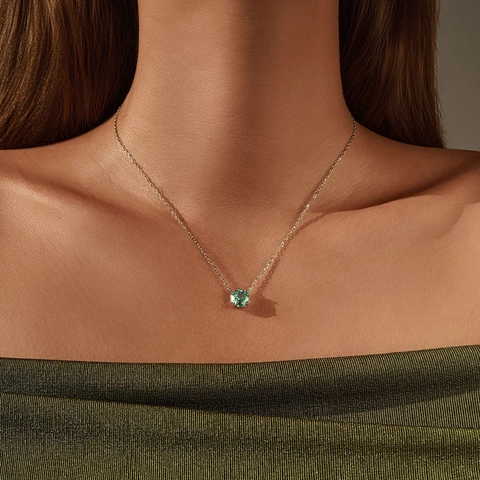 925 Sterling Silber Halskette Mit Achteckig Geschliffenem Grünen Zirkonia Geometrischer Anhänger Schlüsselbeinkette Für Damen