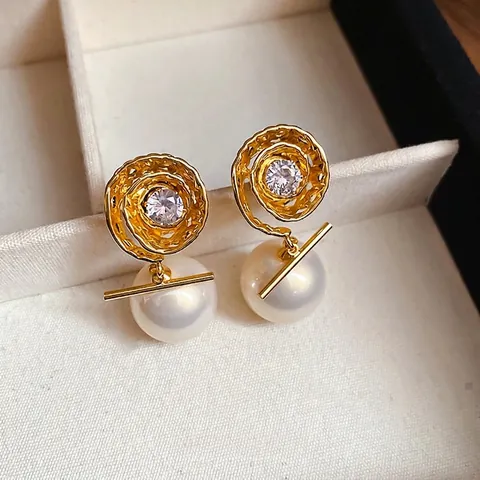 Vintage Gold Plated Copper Drop Earrings With Cubic Zirconia Artificial Pearl And 925 Sterling Silver Earring Post For Women