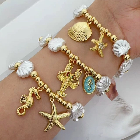 Bracciale Con Perline Tema Oceano Donna Placcato Oro Rame Resina Conchiglia Cavalluccio Marino Stella Marina Tartaruga Gioielli Spiaggia