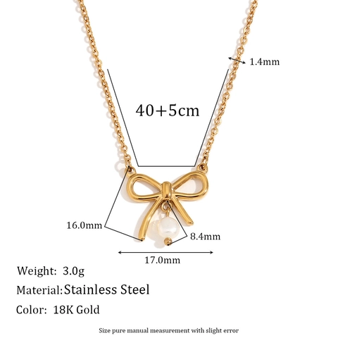 Collana con Pendente a Cuore e Fiocco in Perla d'Acqua Dolce in Acciaio Inossidabile Placcato Oro 18K Orecchini a Bottone