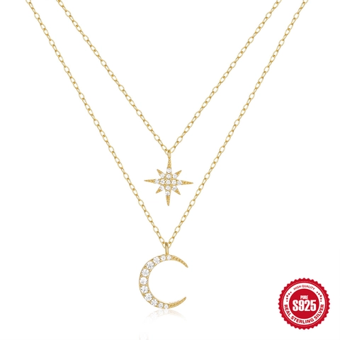 925 Sterling Silver Star Moon Necklace Double Layer Zirconia Octagram Crescent Pendants Bohemian Style For Women