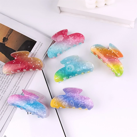 Pinza Para El Cabello Degradado Arcoíris Acrílico Resina Cielo Estrellado Patrón Concha Estrella De Mar Pinza Tiburón Para Mujeres Estilo Océano
