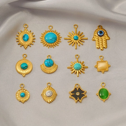 18k Vergulde Roestvrijstalen Hangers Turkoois Opaal Steen Zon Boze Oog Hamsa Hand Geometrisch DIY Sieraden Maken Charms