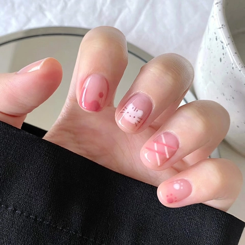 Pink Katze Herz Aufpressnägel Kurz Quadratisch Rund Süß Niedlich Falsche Nägel Für Damen