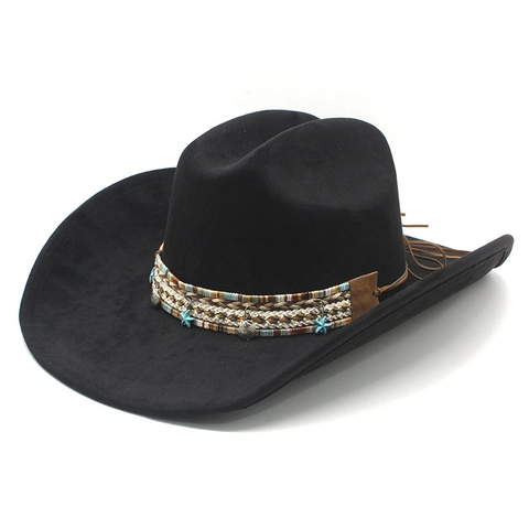 Sombrero De Vaquero Occidental Gamuza Bohemia Fedora De Ala Ancha Con Banda Tejida Étnica Colgantes De Estrella De Mar Concha Sombrero Jazz