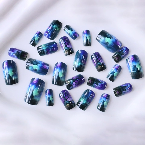 Press On Nails ABS Plastic Medium Long Square Halloween Fantasy Forest Aurora Gradient Wolf Moon Dreamy Art For Women