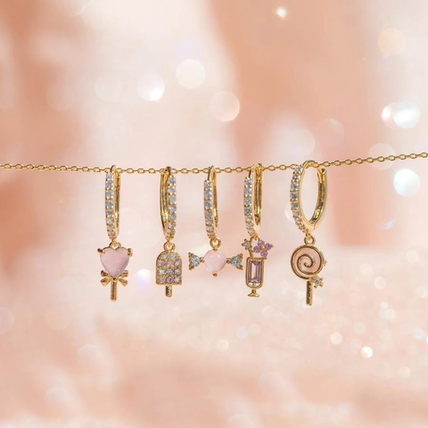 Orecchini a Cerchio in Ottone con Strass a Forma di Cuore di Caramella e Gelato Oro Oro Rosa Argento Carini a Forma di Cibo Donna Gioielli