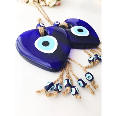 Ornamento Appeso Occhio Turco Forma Cuore Vetro Blu Amuleto Nazar Decorazione Casa Con Corda Canapa Nappa