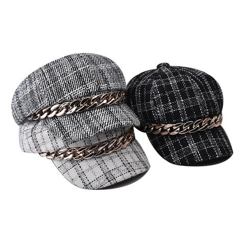 Retro Karo Tweed Schirmmütze Für Damen Mit Grober Goldener Metallkette Winter Herbst Britischer Stil Oktogonaler Hut