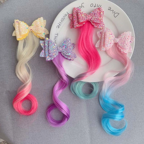 Girls Sequin Bow Hair Clips With Gradient Long Curly Synthetic Wig Hair Extensions Kids Princess Styling