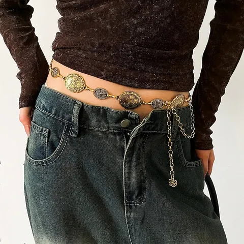Cintura Catena Metallo Vintage Lega Rilievo Medaglia Vita Regolabile Collegamento Per Donne Stile Boho Accessorio Oro