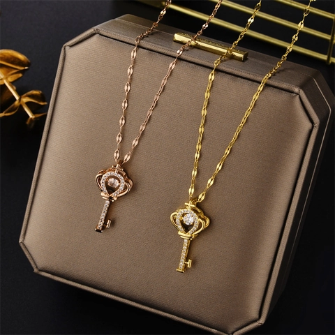 Titanium Steel Moving Gemstone Key Pendant Necklace For Women Crown Key Heart Beat Rhinestone Clavicle Chain Jewelry Gift