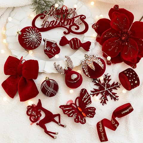 Christmas Hanging Ornaments Set Red Flocking Velvet Plastic With Gold Glitter Reindeer Bow Snowflake Shape Festive Decor