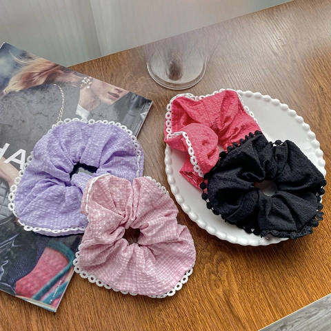 Lace Rand Scrunchies Seersucker Stoff Haargummi Koreanisch Süßer Stil Blase Textur Elastische Haarschmuck Für Frauen