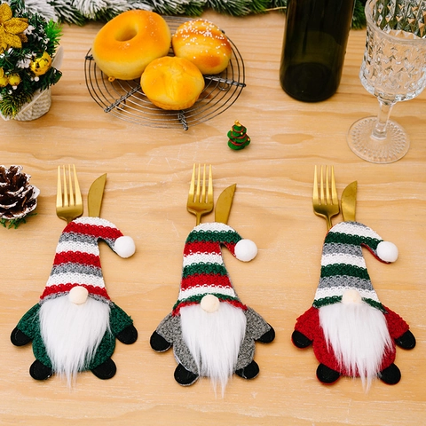 Porte Couverts Gnome De Noël Pochette Chapeau Rayé Tricoté Sac Argenterie Décoration De Table De Fête Rouge Vert Gris