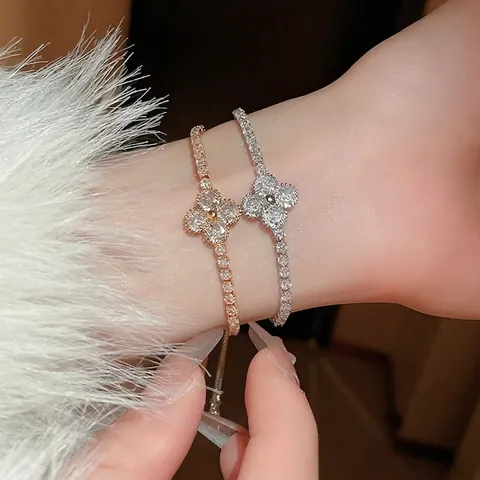 Clover Bracelet Copper Real Gold Plated Zircon Adjustable Slider Chain Fashion Jewelry Women Elegant Accessory