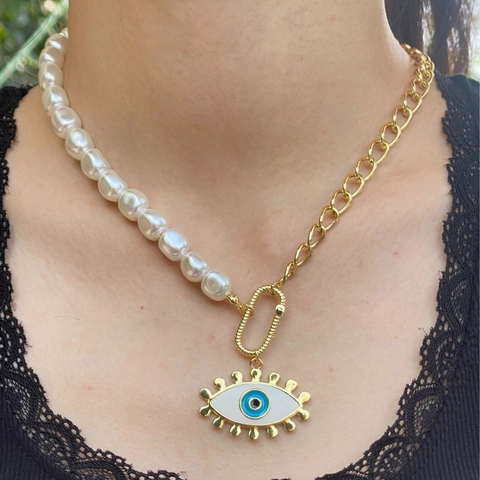 18K Gold Plated Copper Evil Eye Hamsa Hand Pendant Necklace Artificial Pearl Asymmetric Layered Chain Choker For Women