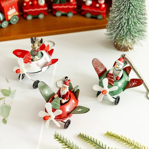 Christmas Airplane Ornaments Iron Metal Santa Snowman Reindeer Pilot Hanging Pendants Tree Decorations Festive Home Decor Desktop Miniatures Retro