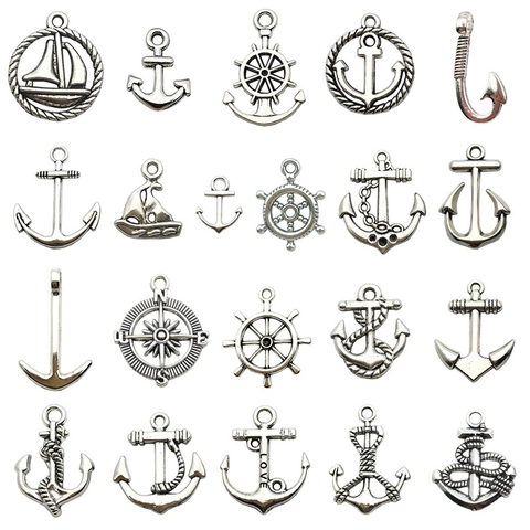 Assortierte Nautische Thema Legierung Anhänger Anker Steuerrad Segelboot Kompass DIY Schmuckherstellung Retro Antik Silber