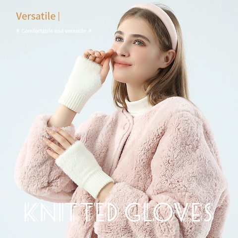 Damen Fingerlose Handschuhe Halbfinger Plüsch Kunstpelz Gestrickt Warm Winter Tippen Fäustlinge Rippstrickbündchen Mode