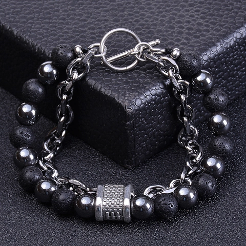Men Bracelet Natural Lava Rock Tiger Eye Hematite Stainless Steel Double Layer Cuban Chain Toggle Clasp Retro Punk Fashion Accessory