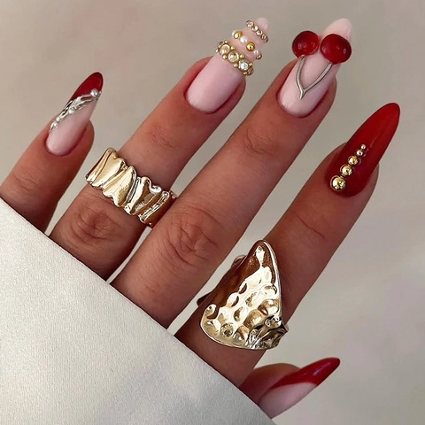 Unghie Finte Press On Lusso Francese Strass Motivo Ciliegia 3D Forma Mandorla Plastica ABS Manicure Fai Da Te Elegante