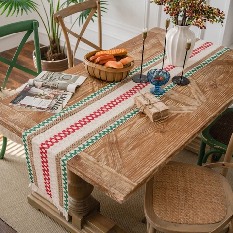 Chemin De Table Bohème En Coton Et Lin Avec Pompons Jute Tissé Rayures Motif Géométrique Décor Rustique De Ferme