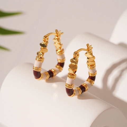Pendientes De Aro Geométricos Vintage En Forma De U Con Poste De Acero Cobre Esmalte Color De Contraste Para Mujer