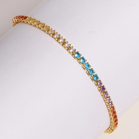 Rainbow Tennis Bracelet With Multi Color Cubic Zirconia And Gold Plated Metal Adjustable Slider Chain For Women