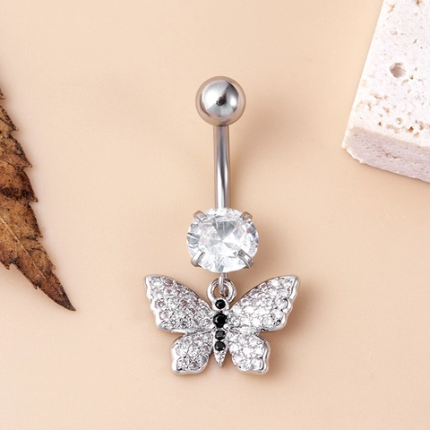 Belly Button Ring Stainless Steel Heart Butterfly Wing Zirconia Dangle Navel Piercing Jewelry For Women