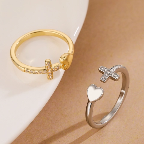 Kreuz Herz Verstellbarer Offener Ring Kupfer Vergoldet Zirkon Eleganter Schmuck Damen Nischendesign