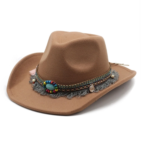 Chapeau De Cow-Boy Western En Feutre De Laine Bande Perlée Bohème Turquoise Frange Vintage Fedora Pour Hommes Femmes
