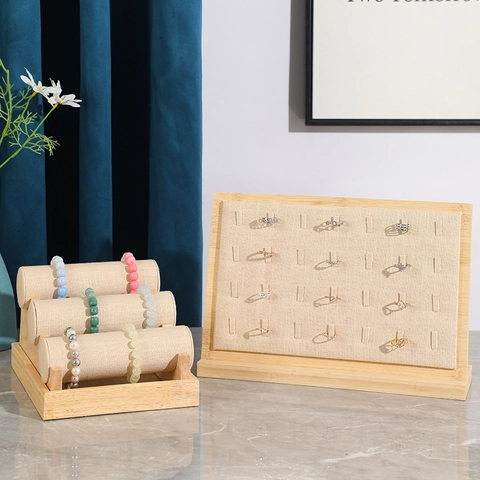 Jewelry Display Stand Bamboo Wood Base Linen Burlap Necklace Holder Ring Organizer Bracelet Rack Portrait Bust Showcase