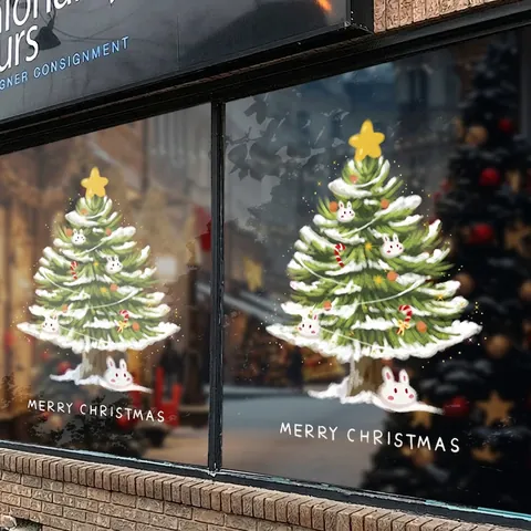 Christmas Window Stickers Static Cling PVC Reusable Xmas Tree Rabbit Decor For Glass Door Shopping Mall