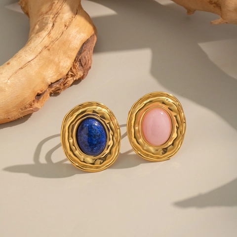 Edelstahl Natur Lapislazuli Ring Für Damen Französisch Retro Gehämmert Oval Stein Verstellbare Offene Band Wasserdicht Schmuck