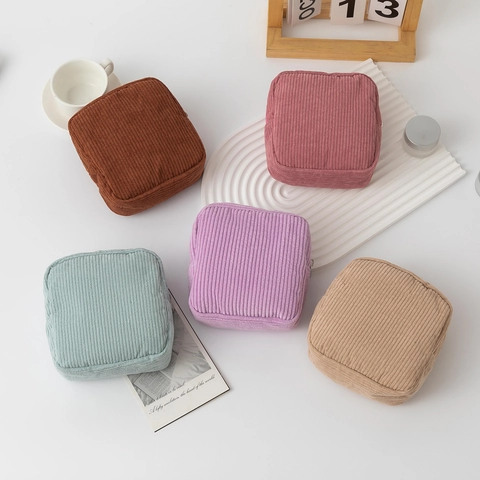 Portable Corduroy Cosmetic Bag Square Makeup Organizer Toiletry Storage Pouch With Zipper For Women Travel Daily Use