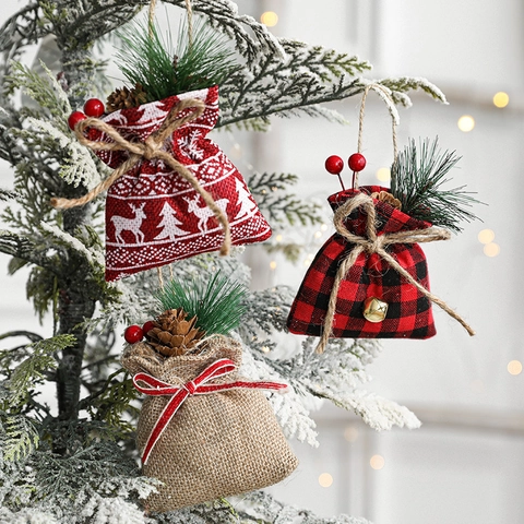 Bolsas De Regalo De Navidad De Yute Adornos Colgantes Reno Cuadros Bolsas De Caramelos Con Piñas Y Bayas