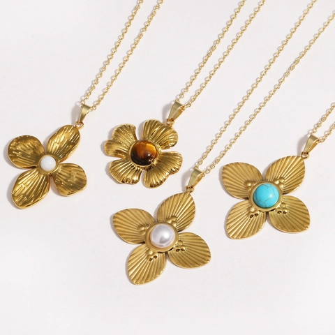 Collar Con Colgante De Flor De Trébol Vintage Acero De Titanio Con Turquesa Ojo De Tigre Concha Joyería Elegante Mujer