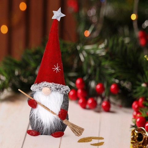 Christmas Gnome Doll Faceless Santa Plush Holding Broom Standing Rudolf Ornament For Home Table Holiday Decor Fabric Felt