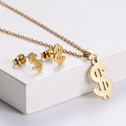 Dollar Sign Pendant Necklace And Stud Earrings 18K Gold Plated 316 Stainless Steel Hip Hop Style Fashion Jewelry