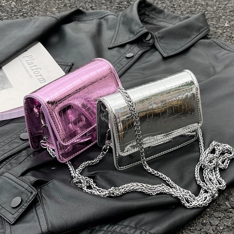Mini Umhängetasche Mit Krokodilmuster PU Leder Patent Metallkette Kleine Quadratische Handtasche Für Damen Mode