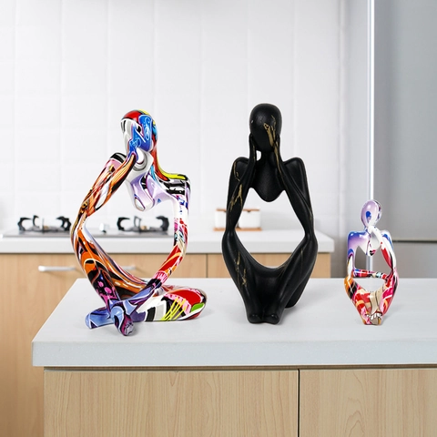 Abstract Thinker Statue Resin Modern Graffiti Marble Pattern Decorative Figurine Home Office Desk Ornament