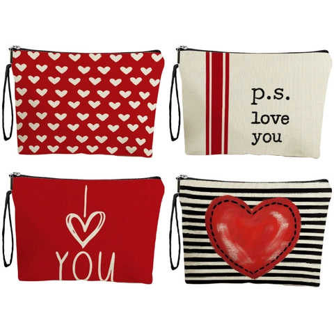 Borsa Trucco Cuore Strisce Lino Trousse Cosmetica Viaggio Organizzatore Da Toeletta Pochette Da Donna