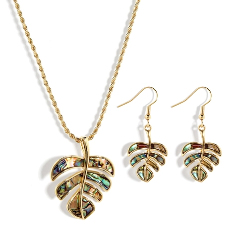 Tropical Monstera Leaf Jewelry Set For Women Copper Abalone Shell Inlay Necklace Earrings Set Hawaii Beach Vacation Jewelry