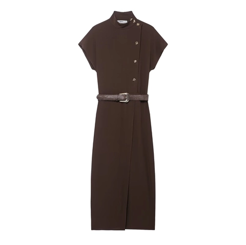 Damen Elegantes Midi Kleid Eng Anliegend Hoher Kragen Goldene Knöpfe Schlangenmuster Gürtel Polyester Kurzarm Kaffee