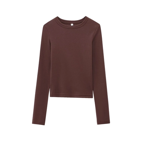 Women Long Sleeve T-Shirt Round Neck Ribbed Knit Slim Fit Solid Color Basic Casual Pullover Base Layer Tops