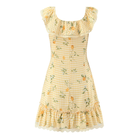 Robe Courte Vichy Avec Imprimé Citron Polyester Bordure En Dentelle Manches Volantes Col Carré Style Rétro