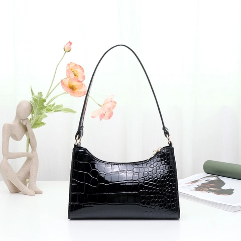 Damen Krokodilmuster Unterarmtasche Glänzendes PU-Leder Baguette Schultertasche Vintage Einfarbig Kleine Hobo Handtasche