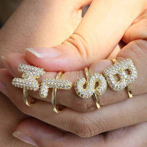 Initial Letter Ring Copper Pave Zirconia Open Adjustable Alphabet Style Fashion Jewelry For Women